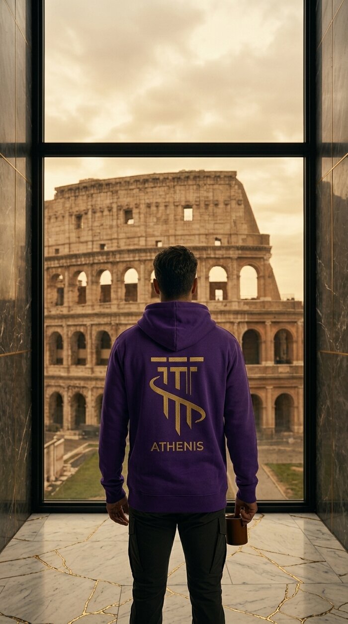 Hombre con hoodie ATHENIS morado frente a un coliseo al amanecer